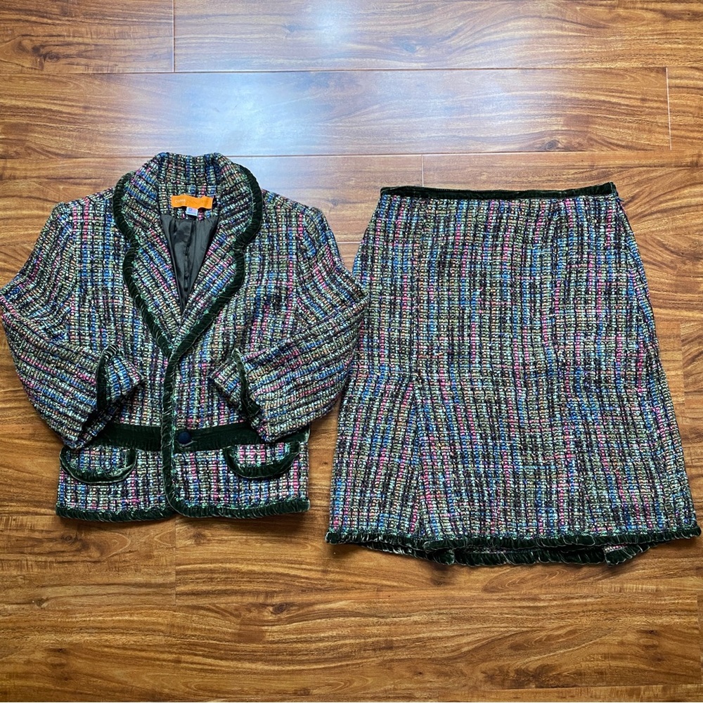 Cynthia Steffe Olive Multicolor Tweed A Line Skirt + Blazer Suit Size 6 Classic